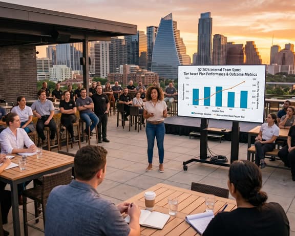 Austin skyline at sunset, rooftop patio restaurat team meeting